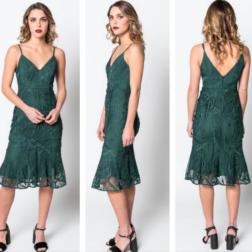 Aijek Green Crochet Embroidered Fit And Flare Dress